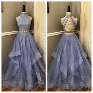 NEW ALYCE PARIS SZ 2 FRENCH BLUE LACE BEADED TULLE TWO PIECE FORMAL GOWN